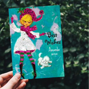 Vintage Retro mädchenhafte Weihnachtsgrüße Feiertagskarte