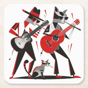 Vintage Retro MCM Beatnik-Katzen spielen Gitarren Rechteckiger Pappuntersetzer