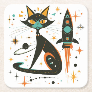 Vintage Retro MCM Katzen-Raumschiff Sterne Planet Rechteckiger Pappuntersetzer