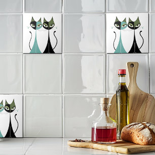 Vintage Retro MCM Katzen Türkis Schwarz Grün Fliese