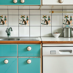 Vintage Retro MCM Katzen-Weltraumschiff Sterne Pla Fliese