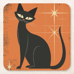 Vintage Retro MCM schwarze Katze Sterne Orange Sch Rechteckiger Pappuntersetzer