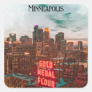 Vintage Retro Minneapolis Minnesota Reise Skyline Quadratischer Aufkleber