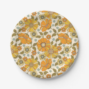 Vintage Retro-Orangen-Blumenmuster Pappteller