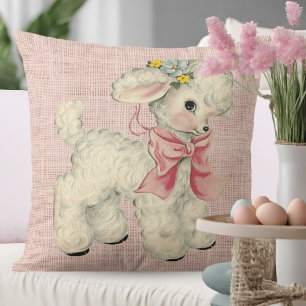 Vintage Retro Pink Linen with Cute Baby Lamb Kissen