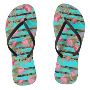Vintage Retro-Rosa-Blume mit Wasserfarbe Blumenbee Flip Flops