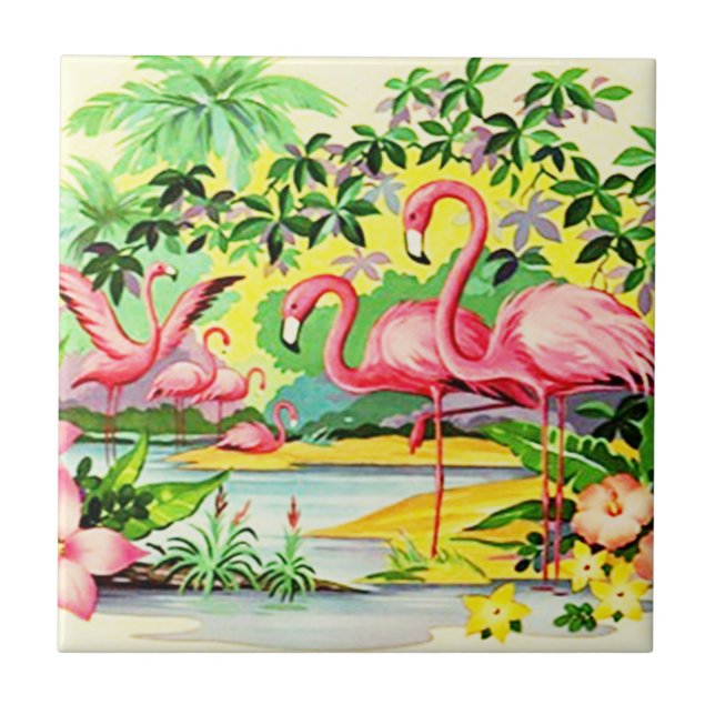 Vintage Retro rosa Flamingo Vögel Flock Tile Fliese (Vorderseite)