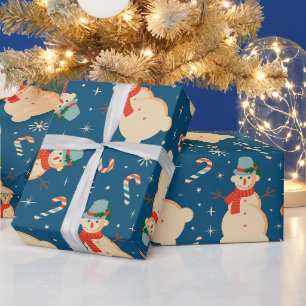 Vintage Retro Schneemann und Zuckerstange Blau Geschenkpapier