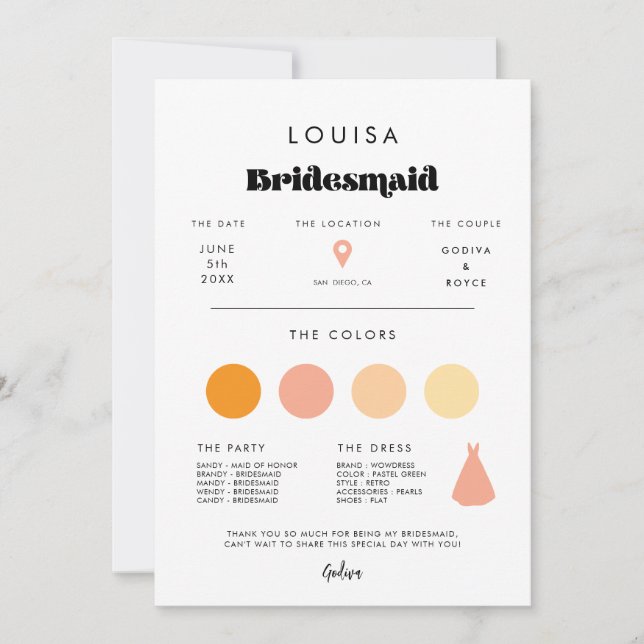 Vintage Retro Script Bridesmaid-Info-Karte Einladung (Vorderseite)