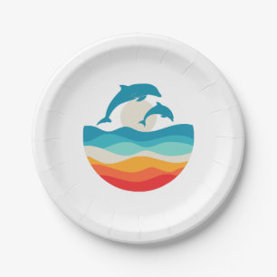 Vintage Retro Sommerzeit Strand Delphin  Pappteller