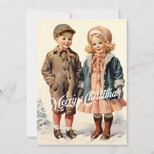Vintage Retro traditionelle Kinder im Schneebebirg Feiertagskarte