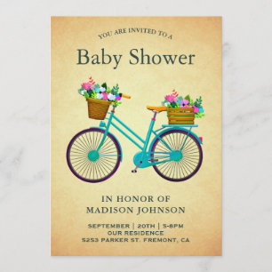 Vintage Retro Türkis Blumen Fahrrad Baby Shower Einladung