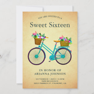 Vintage Retro Türkis Blumen Fahrrad Sweet Sixteen Einladung