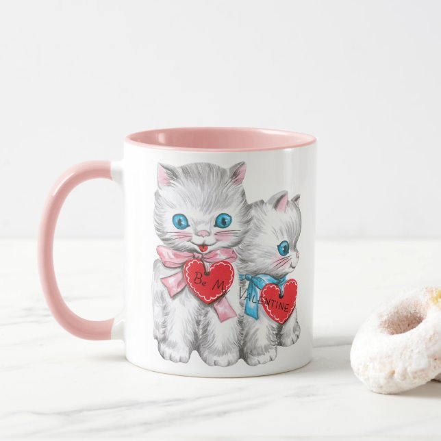 Vintage Retro Valentintagskatzen, flauschige Kätzc Tasse (Mit Donut)