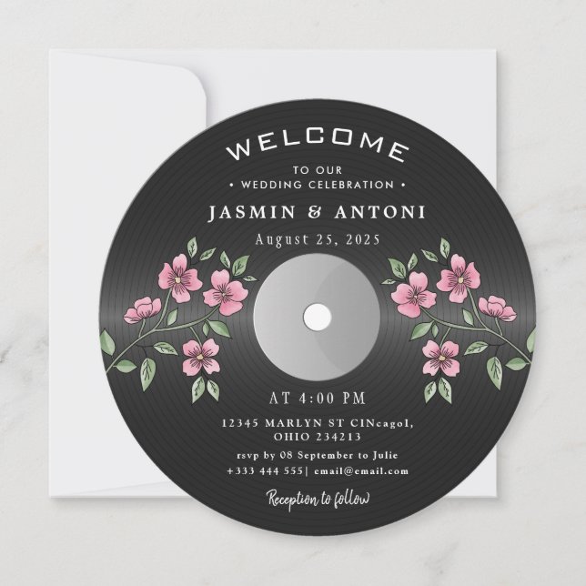 Vintage Retro Vinyl-Schallplatte QR Hochzeitseinla Einladung (Vorderseite)