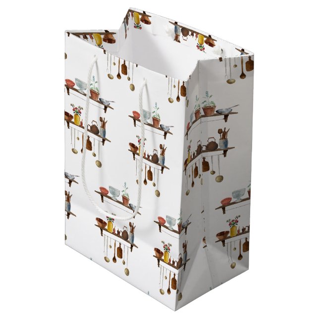 Vintage Retro Wasserfarben Küchenutensilien Mittlere Geschenktüte (Vorderseite Schrägansicht)