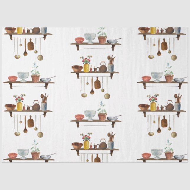 Vintage Retro Wasserfarben Küchenutensilien Seidenpapier (Vorderseite)