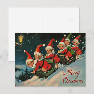 Vintage Retro Weihnachten: Schlittenfahrende Elfen Feiertagspostkarte