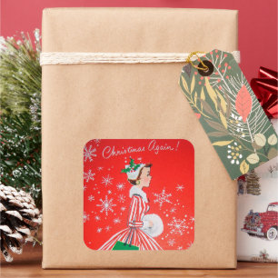 Vintage Retro Weihnachts-Feiertags-Dame-Aufkleber Quadratischer Aufkleber