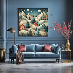 Vintage Retro-Weihnachtsdorf Kiefern Schnee Poster