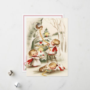 Vintage Retro Weihnachtsengel Baum Hase Eichhörnch Feiertagskarte