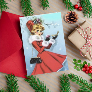 Vintage Retro-Weihnachtsfrau im roten Kleid Feiertagskarte