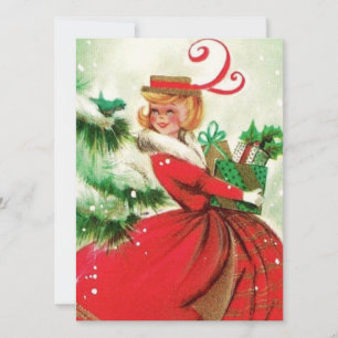 Vintage Retro-Weihnachtsfrau mit Geschenken Feiertagskarte
