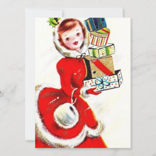 Vintage Retro Weihnachtsfrau mit Geschenken Feiertagskarte