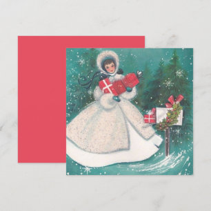 Vintage Retro Weihnachtsfrau mit Geschenken Feiertagskarte