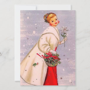 Vintage Retro Weihnachtsfrau mit Korb Feiertagskarte