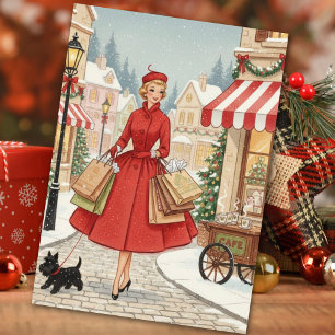 Vintage Retro-Weihnachtsfrau mit Scotty Dog Feiertagskarte