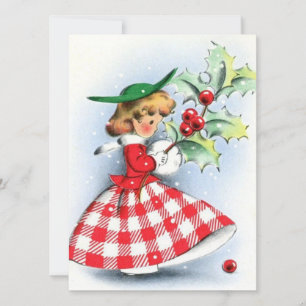 Vintage Retro-Weihnachtsfrau mit Stechpalmenbeere Feiertagskarte