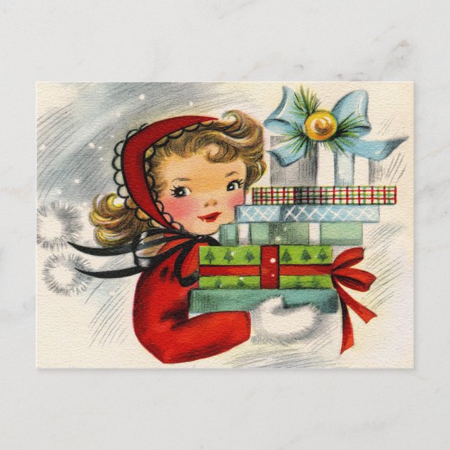 Vintage Retro Weihnachtsfrau Postkarte (Vorderseite)