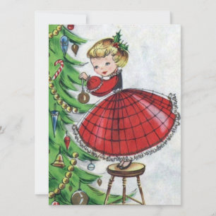 Vintage Retro Weihnachtsfrau schmückt Baum Feiertagskarte