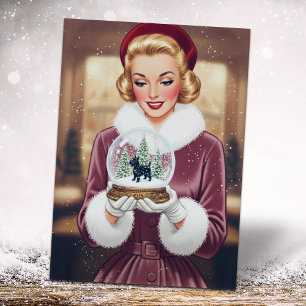 Vintage Retro-Weihnachtsfrau und Schneekugel Feiertagskarte