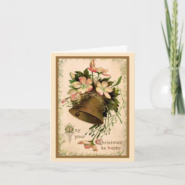 Vintage Retro-Weihnachtsglocke und Rose Feiertagskarte (Vorderseite)