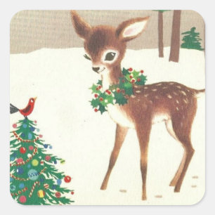 Vintage Retro Weihnachtshirsch mit Vogel Quadratischer Aufkleber