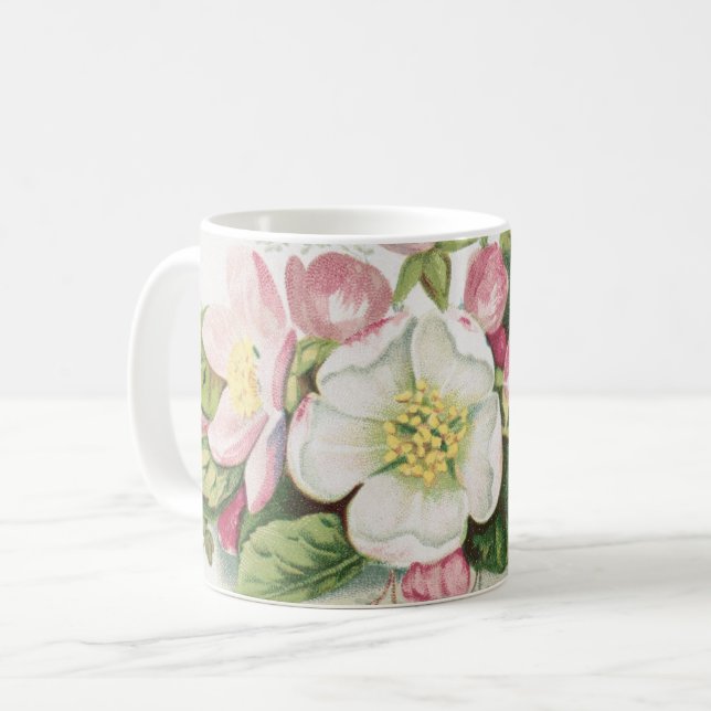 Vintage Retro-Weihnachtskarte, Apfelblüten Kaffeetasse (Vorderseite Links)
