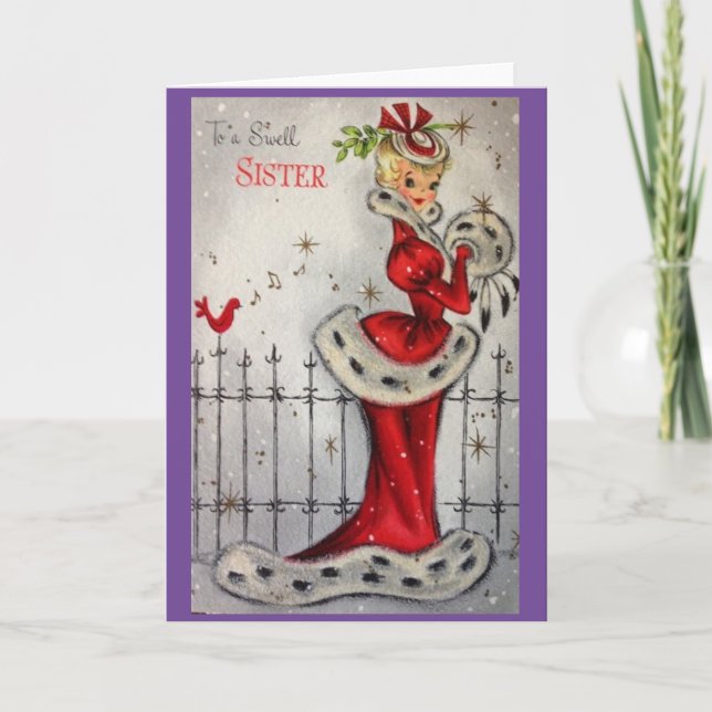 Vintage Retro-Weihnachtskarte für Schwester Feiertagskarte (Vorderseite)