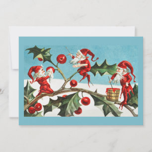 Vintage Retro-Weihnachtskarte Stechpalme & Elfen Feiertagskarte