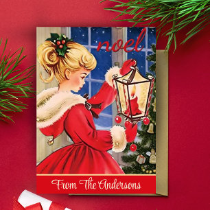 Vintage Retro Weihnachtsmädchen mit Pferdeschwanz Feiertagskarte