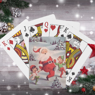 Vintage Retro Weihnachtsmann tanzt mit Elfen Weihn Spielkarten