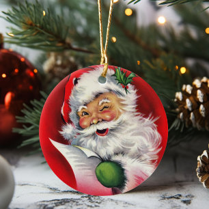 Vintage Retro Weihnachtsmann überprüft seine Liste Keramik Ornament