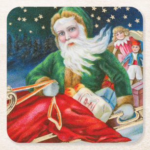 Vintage Retro Weihnachtsmann Weihnachtspostkarte Rechteckiger Pappuntersetzer