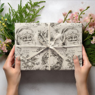Vintage Retro Weihnachtsmann Zeichnung Schwarz Wei Geschenkpapier