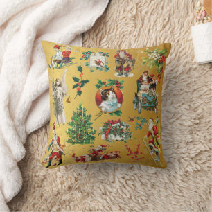 Vintage Retro Weihnachtsmuster Gold Kissen