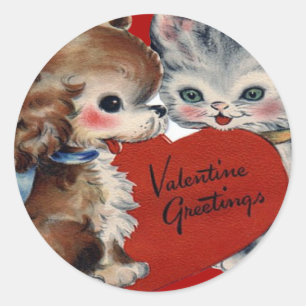 Vintage Retro Welpe & Kitten Valentine Card Runder Aufkleber