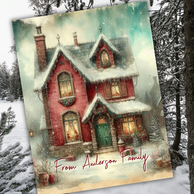 Vintage Retro Winter Snow House Christmas Holidays Postkarte (Von Creator hochgeladen)
