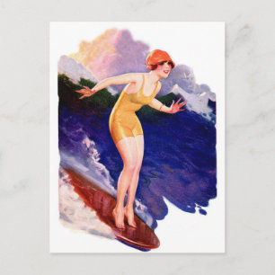 Vintage Retro Women Kitsch 20er Surfer Postkarte