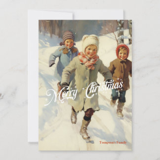 Vintage Retrokinder, die im Schnee spielen Feiertagskarte